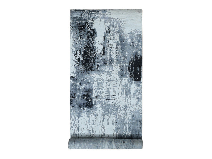 4'2" x 13'1" New Hand Knotted Grey Wool & Silk Runner Oriental Rug - MOA10287680