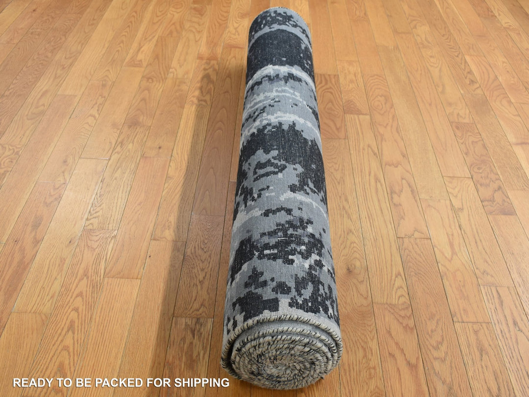 4'2" x 13'1" New Hand Knotted Grey Wool & Silk Runner Oriental Rug - MOA10287680