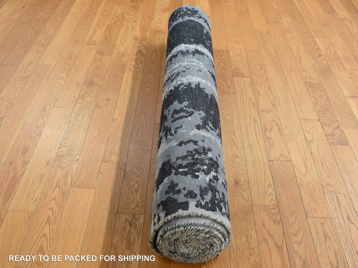 4'2" x 13'1" New Hand Knotted Grey Wool & Silk Runner Oriental Rug - MOA10287680