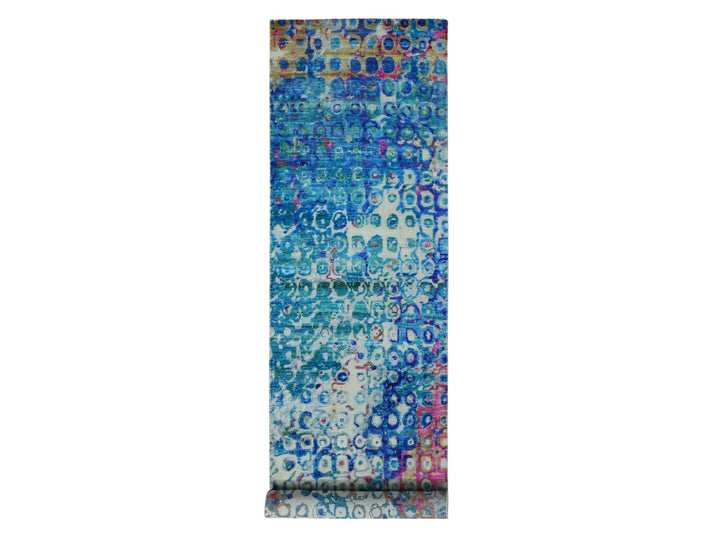 3'0" x 12'4" New Hand Knotted Blue Sari Silk Runner Oriental Rug - MOA10287681