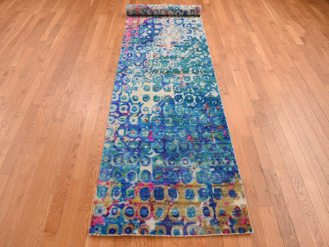 3'0" x 12'4" New Hand Knotted Blue Sari Silk Runner Oriental Rug - MOA10287681