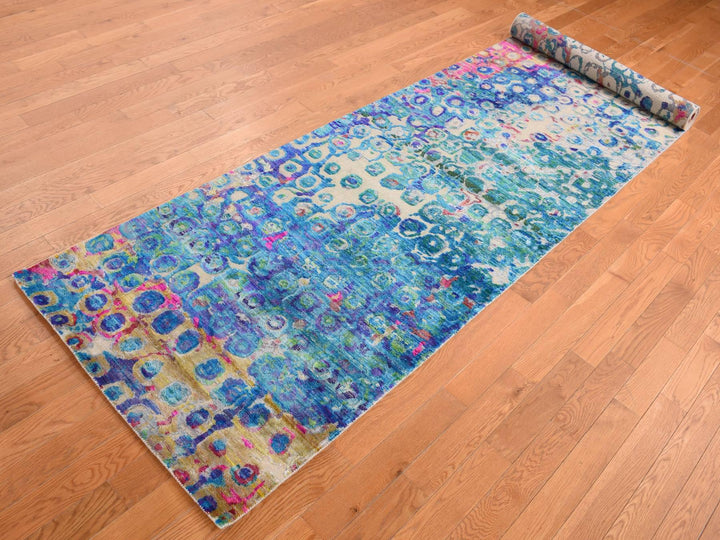 3'0" x 12'4" New Hand Knotted Blue Sari Silk Runner Oriental Rug - MOA10287681