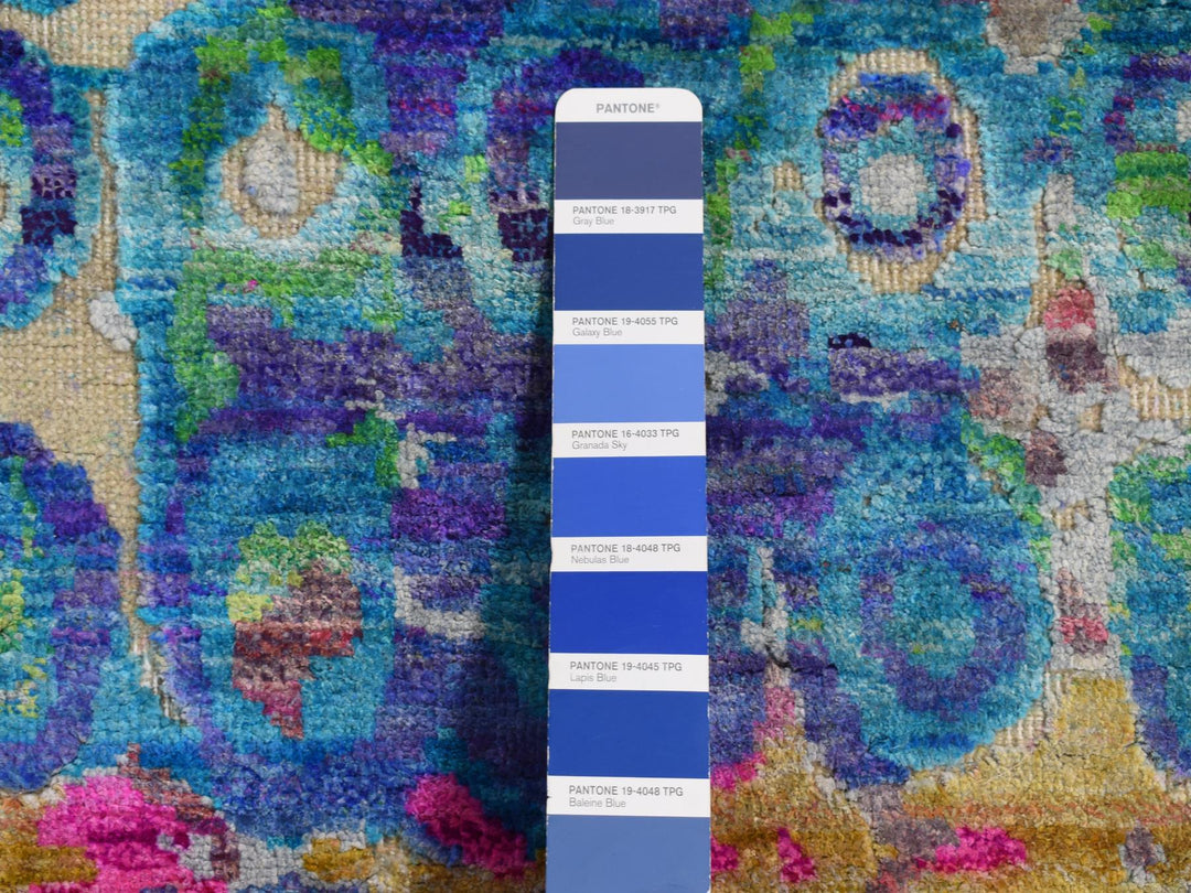 3'0" x 12'4" New Hand Knotted Blue Sari Silk Runner Oriental Rug - MOA10287681