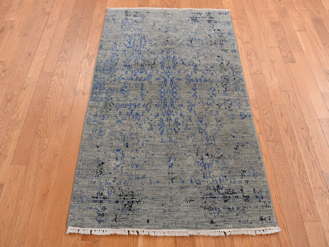 3'1" x 5'0" New Hand Knotted Grey Wool & Silk Rectangle Oriental Rug - MOA10287682