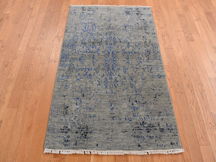 3'1" x 5'0" New Hand Knotted Grey Wool & Silk Rectangle Oriental Rug - MOA10287682