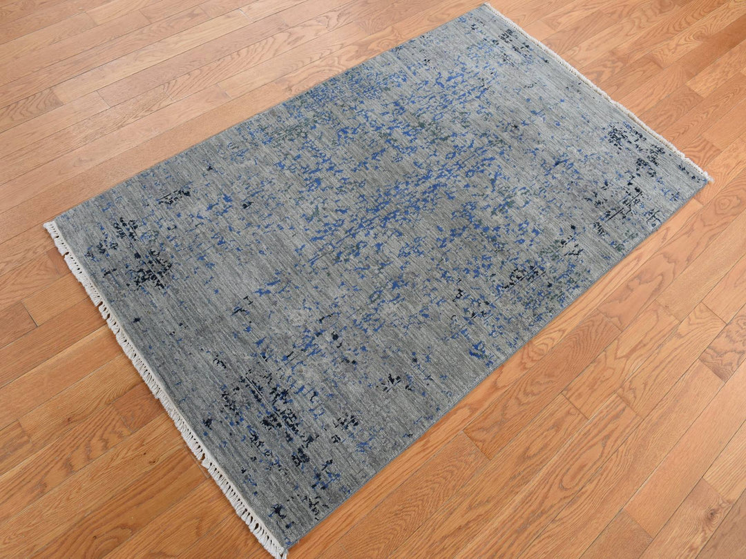 3'1" x 5'0" New Hand Knotted Grey Wool & Silk Rectangle Oriental Rug - MOA10287682