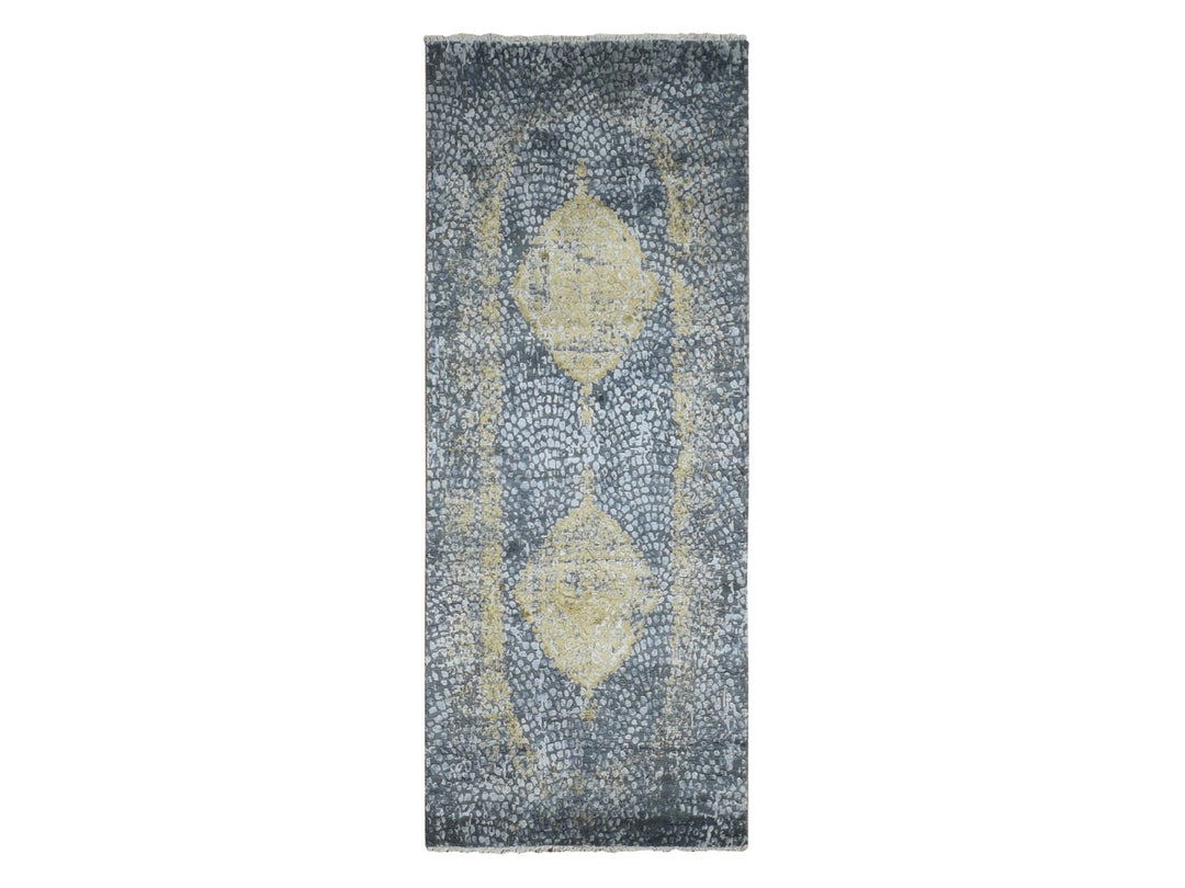 3'0" x 8'0" New Hand Knotted Grey Wool & Silk Runner Oriental Rug - MOA10287688