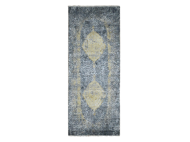 3'0" x 8'0" New Hand Knotted Grey Wool & Silk Runner Oriental Rug - MOA10287688