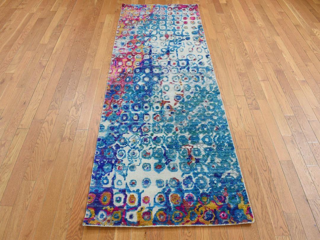 3'0" x 8'2" New Hand Knotted Blue Sari Silk Runner Oriental Rug - MOA10287689
