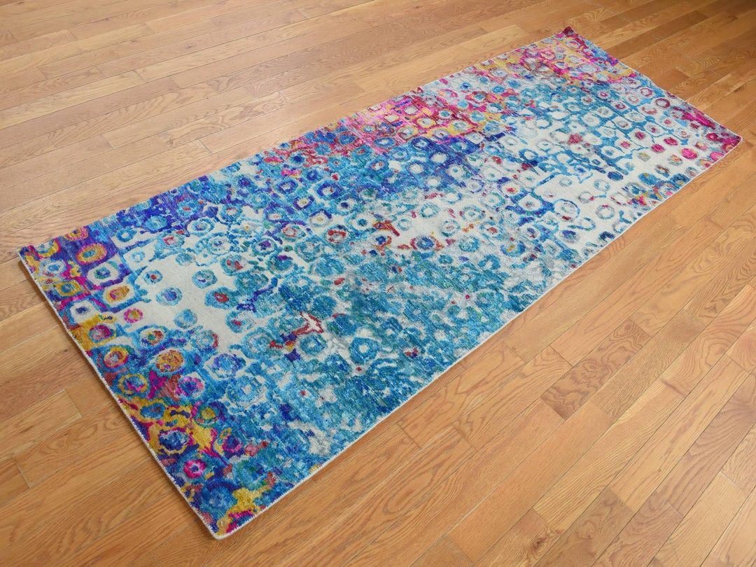 3'0" x 8'2" New Hand Knotted Blue Sari Silk Runner Oriental Rug - MOA10287689