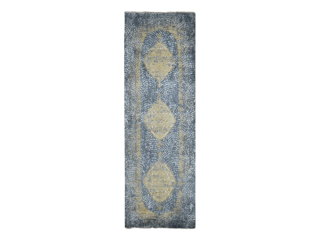 3'2" x 9'10" New Hand Knotted Grey Wool & Silk Runner Oriental Rug - MOA10287690