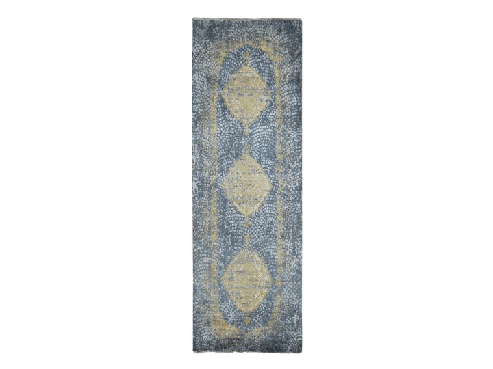 3'2" x 9'10" New Hand Knotted Grey Wool & Silk Runner Oriental Rug - MOA10287690