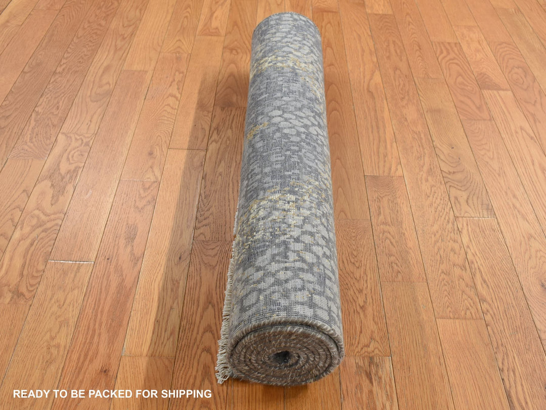 3'2" x 9'10" New Hand Knotted Grey Wool & Silk Runner Oriental Rug - MOA10287690