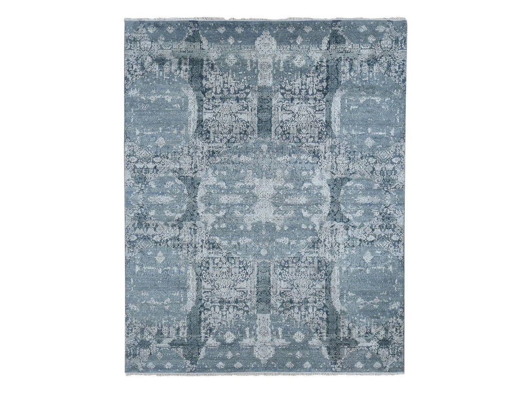 7'10" x 10'0" New Hand Knotted Grey Wool & Pure Silk Rectangle Oriental Rug - MOA10287698