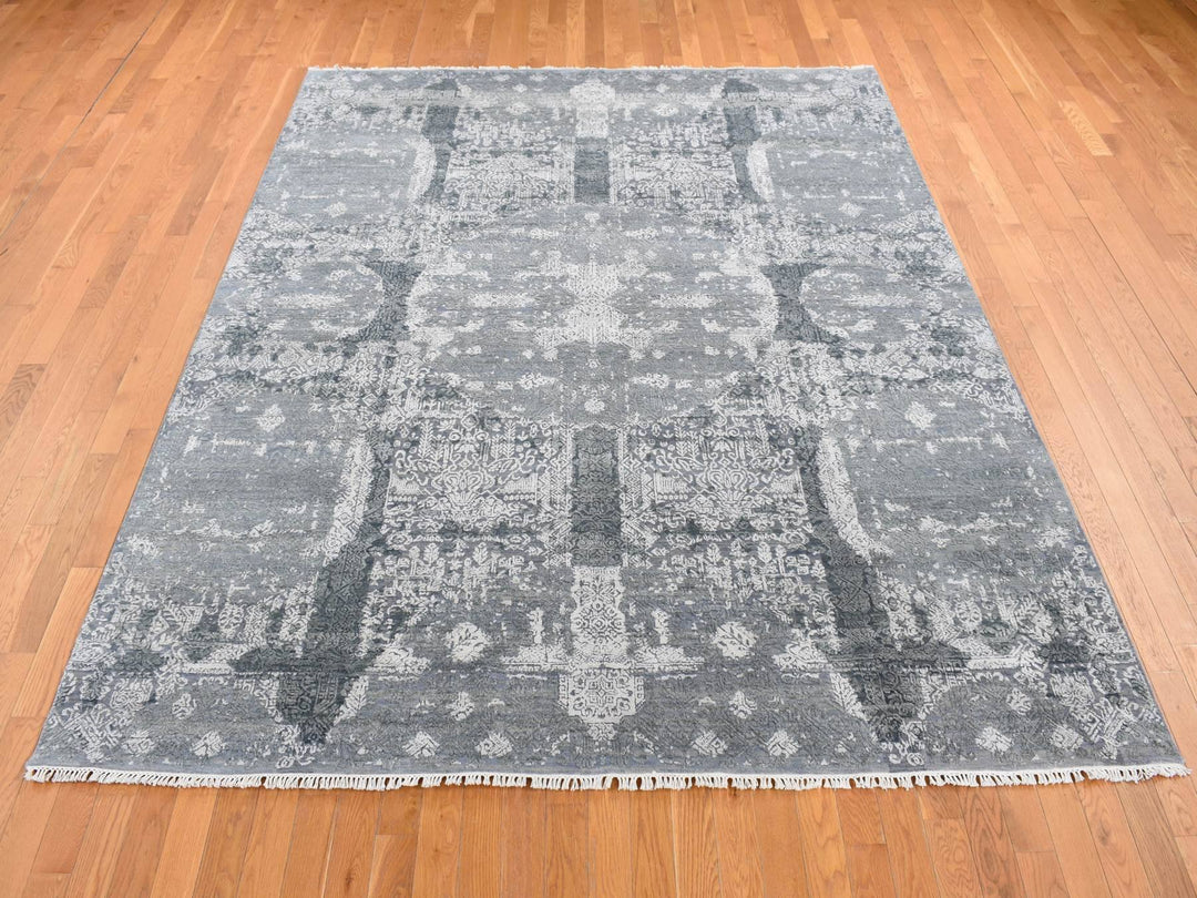 7'10" x 10'0" New Hand Knotted Grey Wool & Pure Silk Rectangle Oriental Rug - MOA10287698