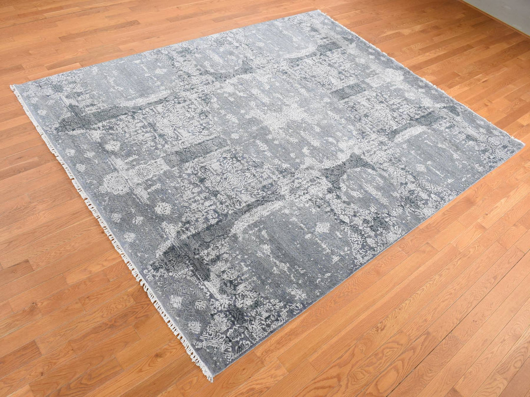 7'10" x 10'0" New Hand Knotted Grey Wool & Pure Silk Rectangle Oriental Rug - MOA10287698