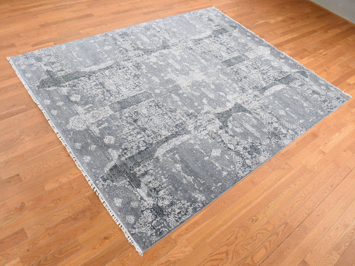 7'10" x 10'0" New Hand Knotted Grey Wool & Pure Silk Rectangle Oriental Rug - MOA10287698