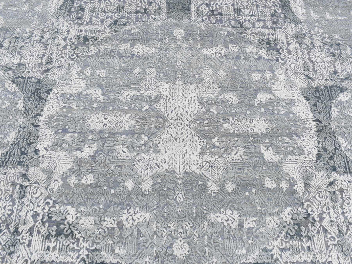 7'10" x 10'0" New Hand Knotted Grey Wool & Pure Silk Rectangle Oriental Rug - MOA10287698