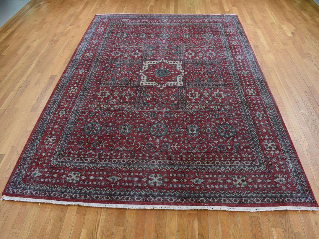9'0" x 12'0" New Hand Knotted Red Worn Wool Rectangle Oriental Rug - MOA10287700
