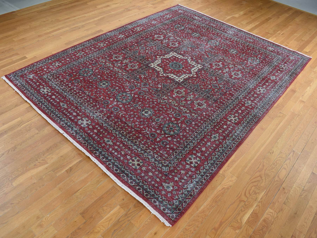 9'0" x 12'0" New Hand Knotted Red Worn Wool Rectangle Oriental Rug - MOA10287700