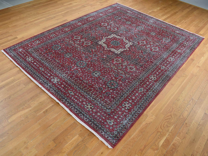 9'0" x 12'0" New Hand Knotted Red Worn Wool Rectangle Oriental Rug - MOA10287700