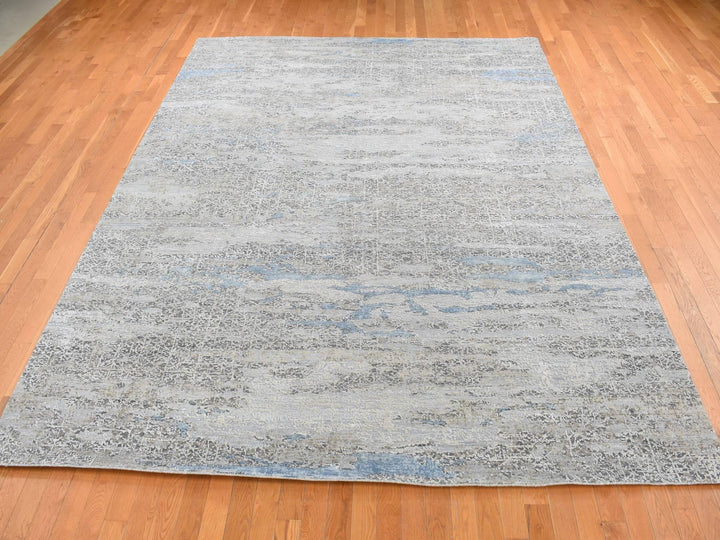 9'0" x 12'3" New Hand Knotted Grey Wool & Silk Rectangle Oriental Rug - MOA10287703