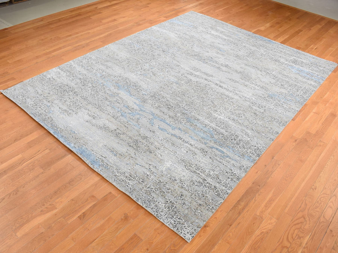 9'0" x 12'3" New Hand Knotted Grey Wool & Silk Rectangle Oriental Rug - MOA10287703