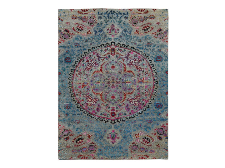 8'0" x 10'0" New Hand Knotted Grey Wool & Silk Rectangle Oriental Rug - MOA10287707