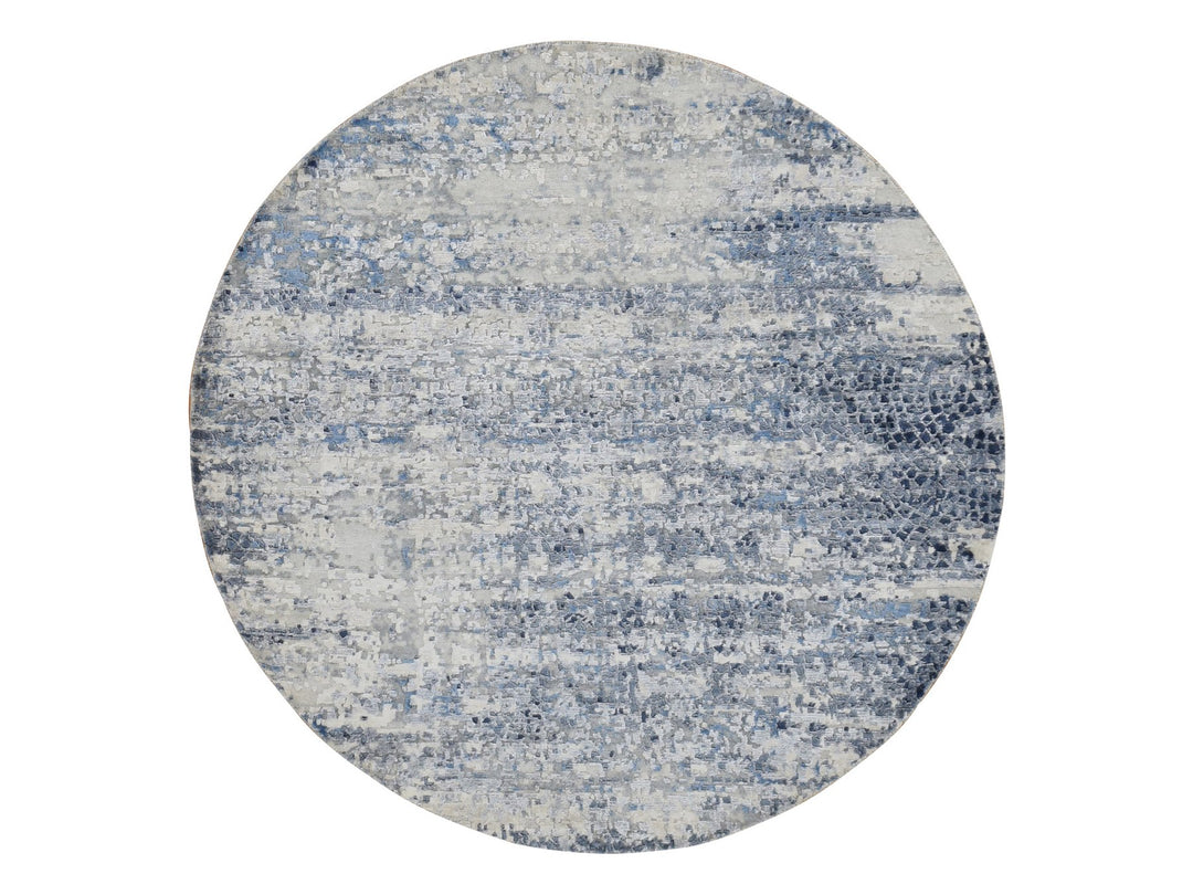 6'0" x 6'0" New Hand Knotted Blue Wool & Silk Round Oriental Rug - MOA10287718