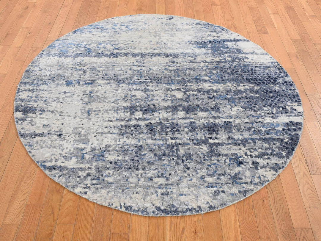 6'0" x 6'0" New Hand Knotted Blue Wool & Silk Round Oriental Rug - MOA10287718