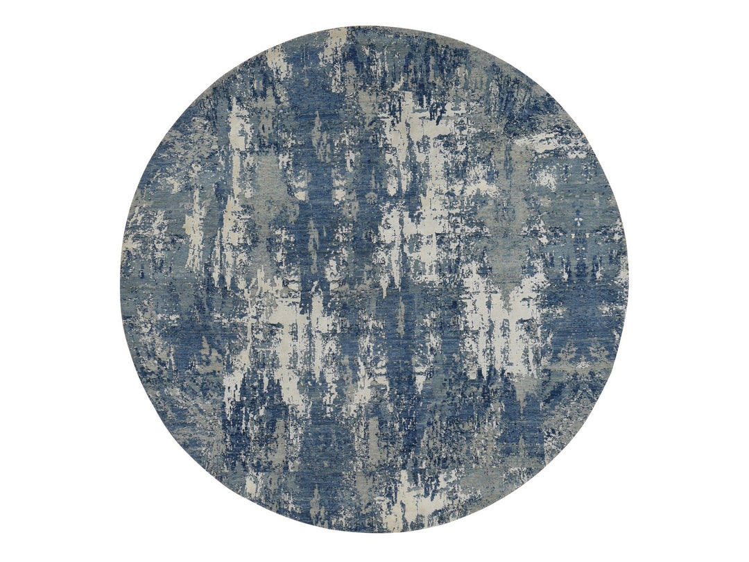 8'1" x 8'1" New Hand Knotted Blue Wool & Silk Round Oriental Rug - MOA10287736
