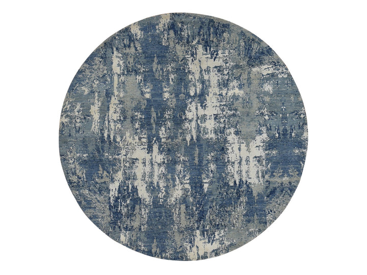 8'1" x 8'1" New Hand Knotted Blue Wool & Silk Round Oriental Rug - MOA10287736