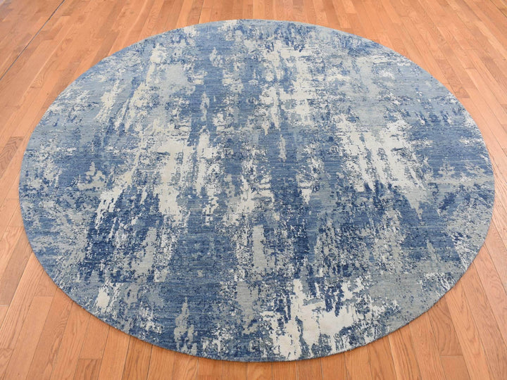 8'1" x 8'1" New Hand Knotted Blue Wool & Silk Round Oriental Rug - MOA10287736