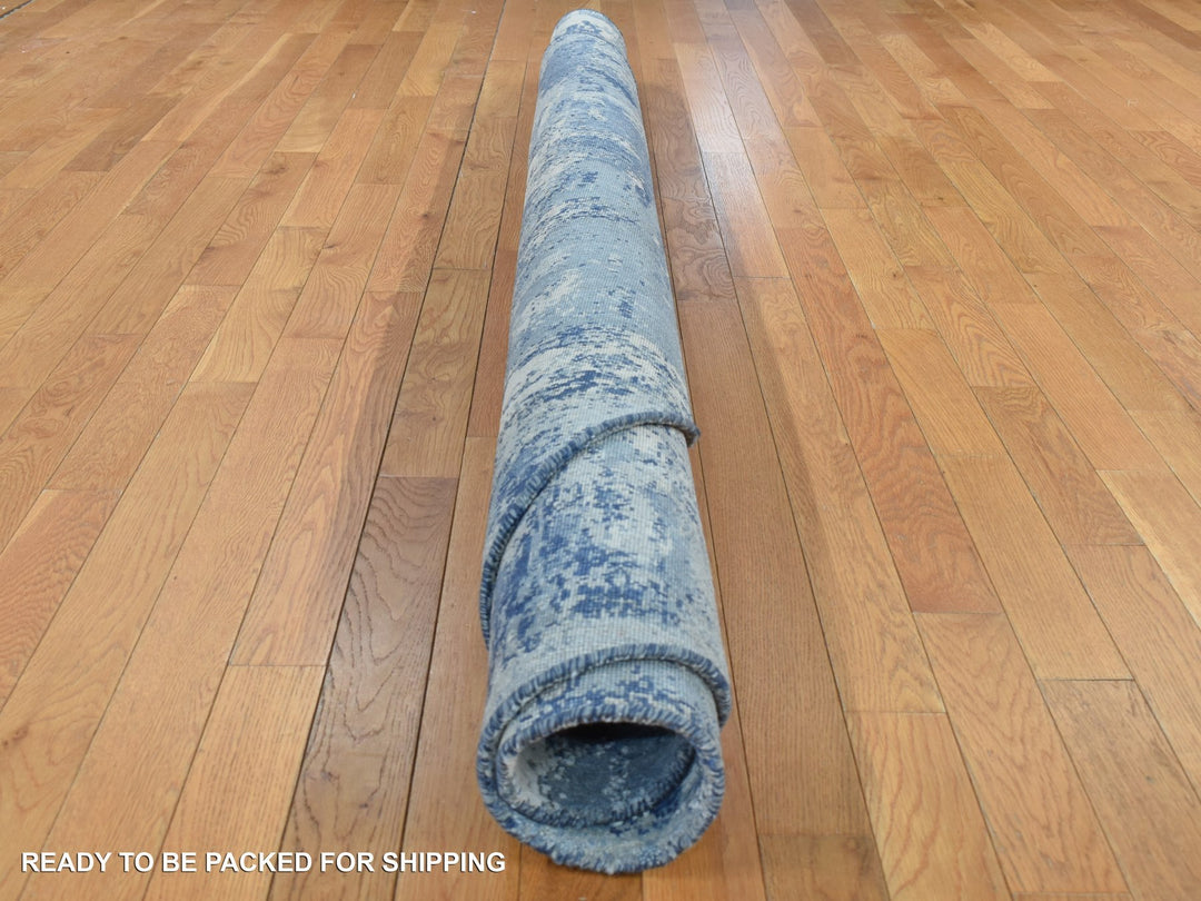 8'1" x 8'1" New Hand Knotted Blue Wool & Silk Round Oriental Rug - MOA10287736