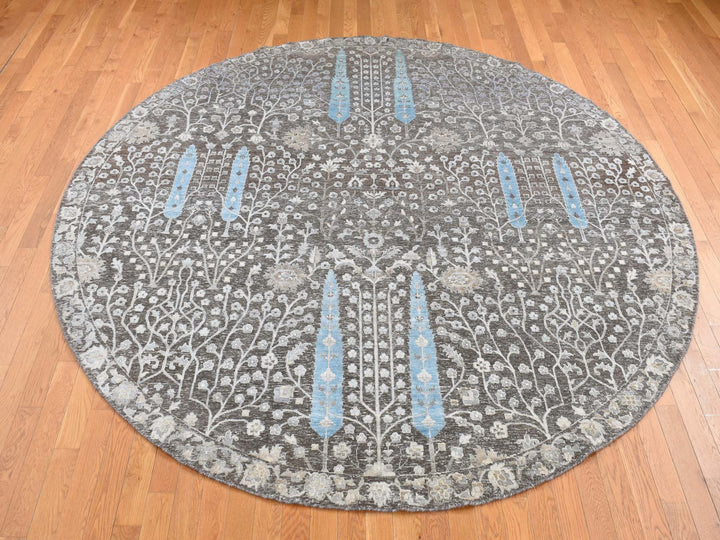 9'1" x 9'1" New Hand Knotted Brown Wool & Silk Round Oriental Rug - MOA10287738
