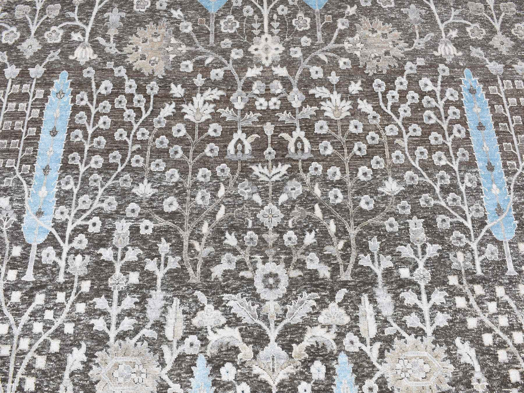 9'1" x 9'1" New Hand Knotted Brown Wool & Silk Round Oriental Rug - MOA10287738