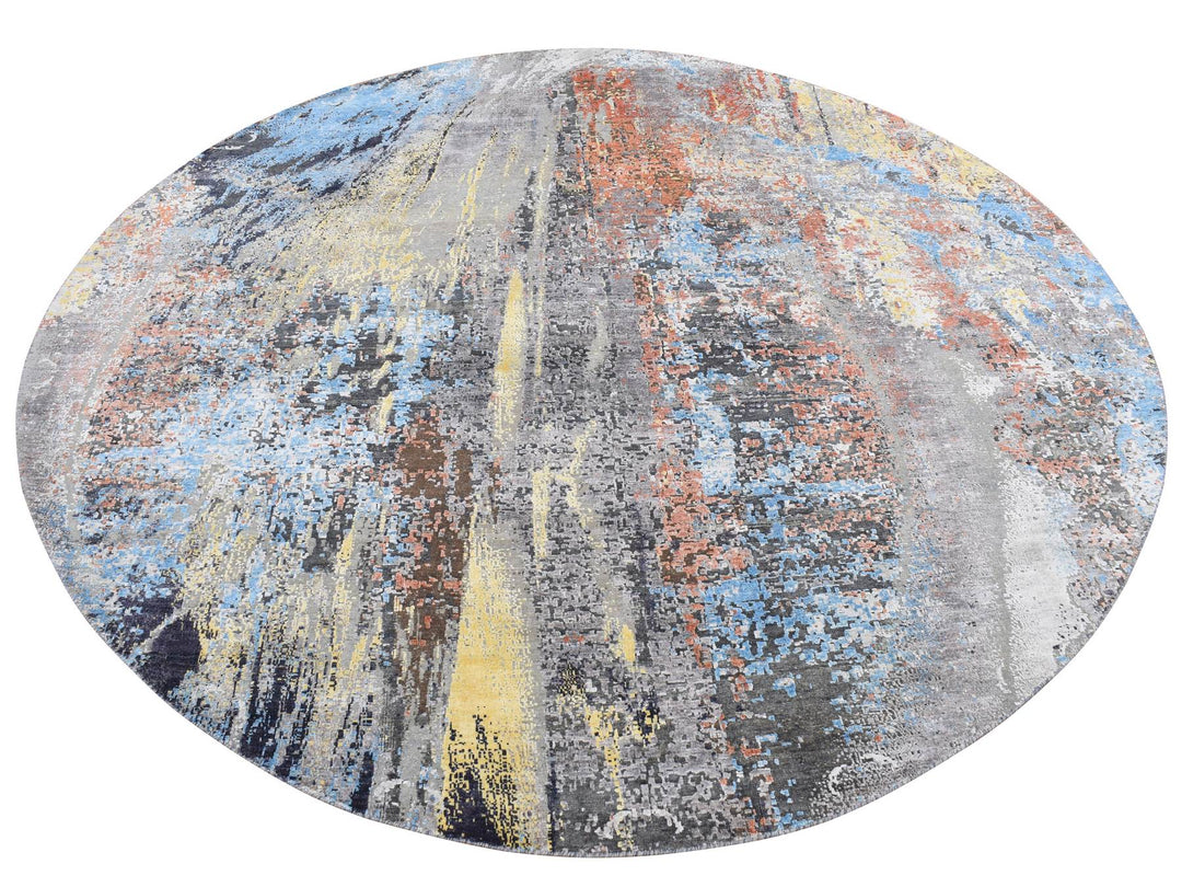 10'1" x 10'1" New Hand Knotted Grey Wool & Silk Round Oriental Rug - MOA10287739