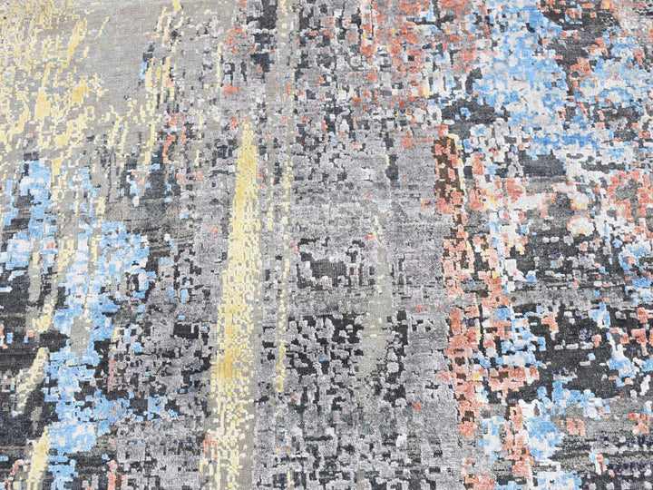 10'1" x 10'1" New Hand Knotted Grey Wool & Silk Round Oriental Rug - MOA10287739