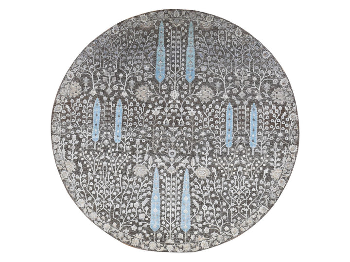 9'10" x 9'10" New Hand Knotted Brown Wool & Silk Round Oriental Rug - MOA10287741