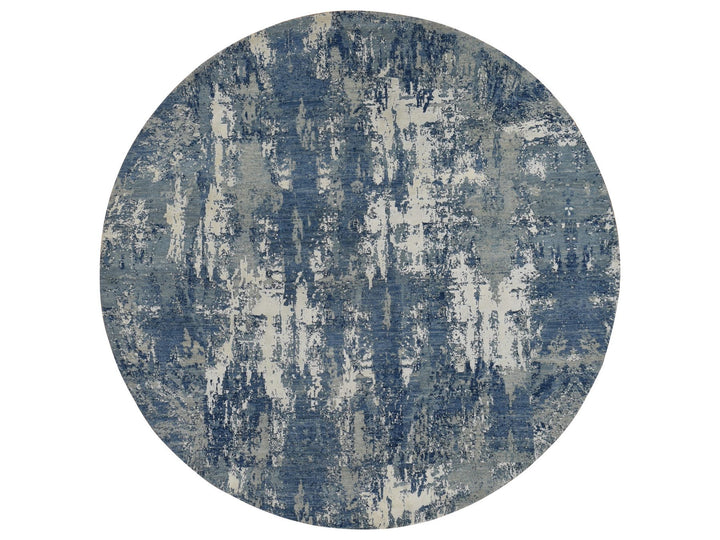 10'0" x 10'0" New Hand Knotted Blue Wool & Silk Round Oriental Rug - MOA10287742