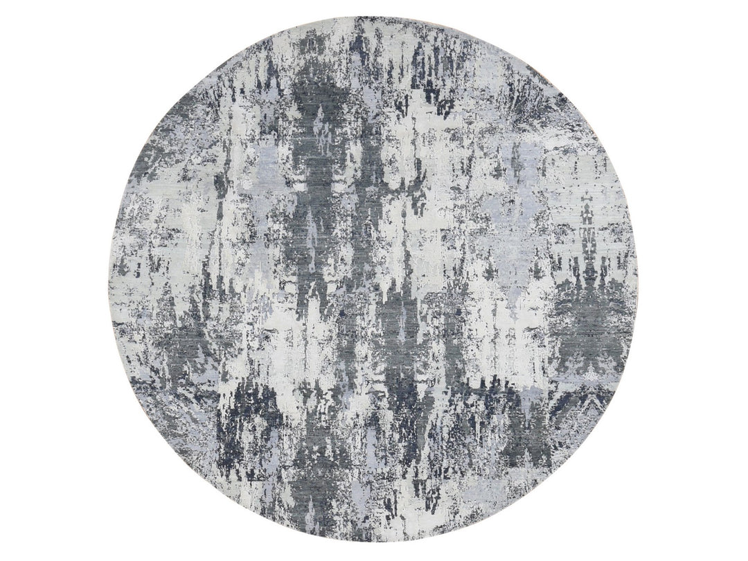 8'1" x 8'1" New Hand Knotted Grey Wool & Silk Round Oriental Rug - MOA10287743