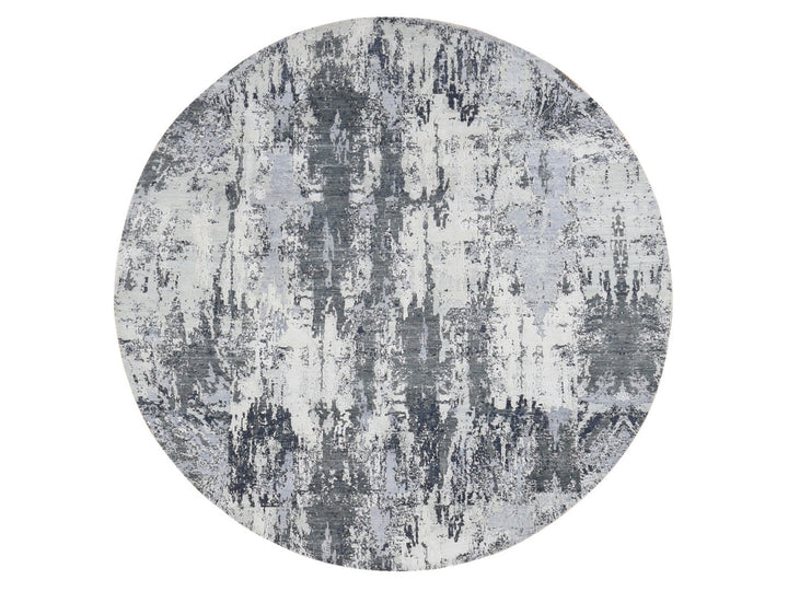 8'1" x 8'1" New Hand Knotted Grey Wool & Silk Round Oriental Rug - MOA10287743