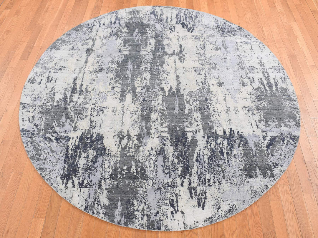 8'1" x 8'1" New Hand Knotted Grey Wool & Silk Round Oriental Rug - MOA10287743