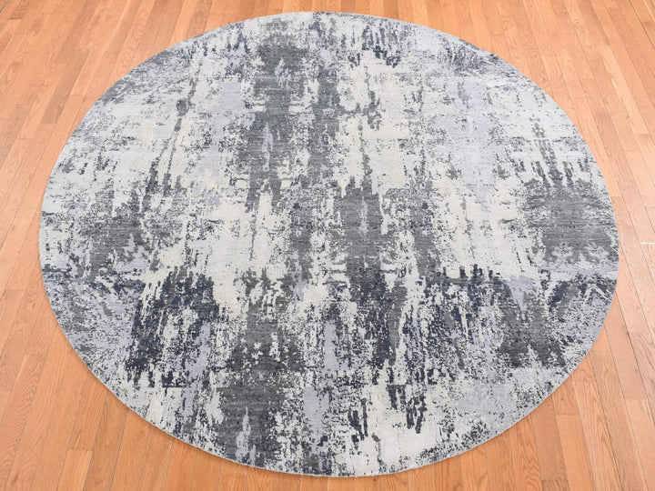 8'1" x 8'1" New Hand Knotted Grey Wool & Silk Round Oriental Rug - MOA10287743