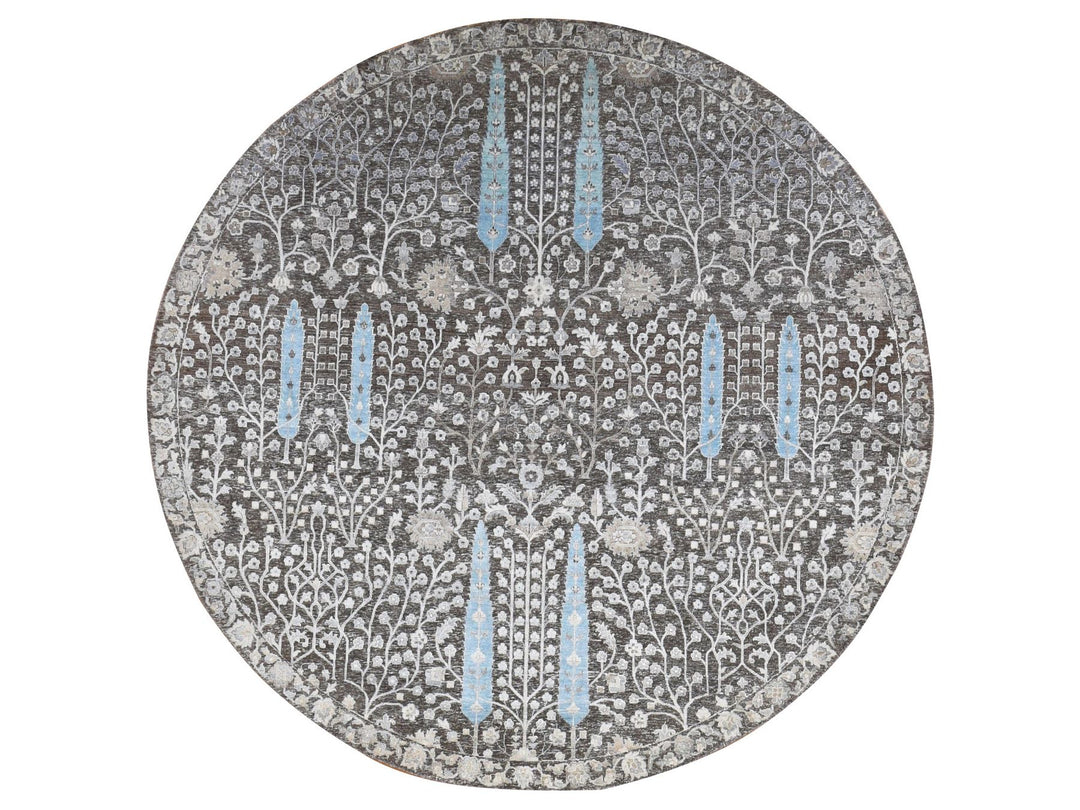 8'0" x 8'0" New Hand Knotted Brown Wool & Silk Round Oriental Rug - MOA10287744