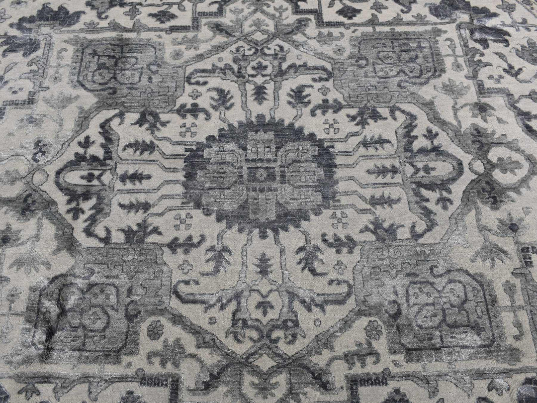 10'0" x 10'0" New Hand Knotted Grey Wool & Silk Round Oriental Rug - MOA10287747