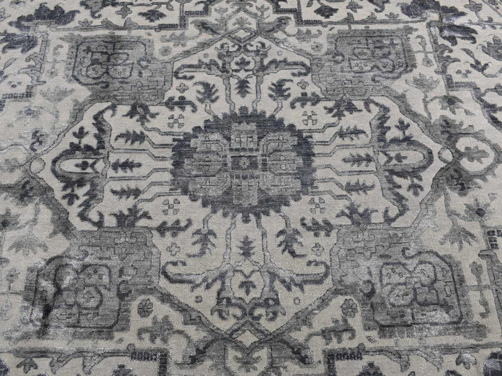10'0" x 10'0" New Hand Knotted Grey Wool & Silk Round Oriental Rug - MOA10287747