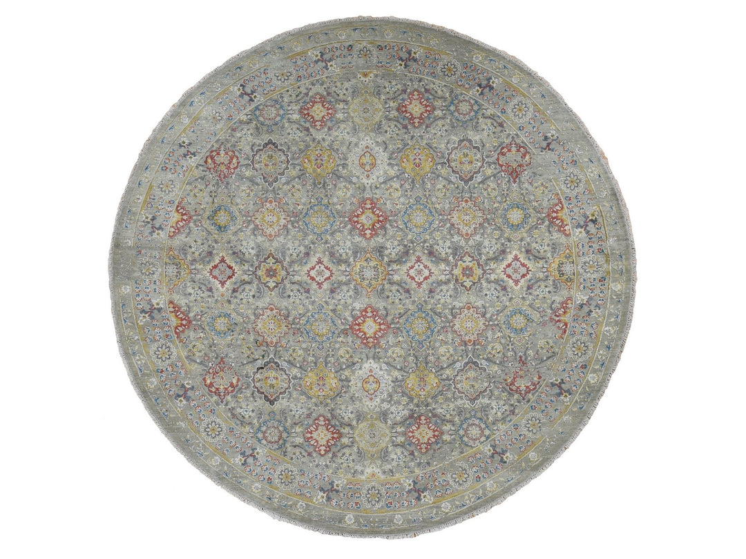 10'0" x 10'0" New Hand Knotted Grey Wool & Silk Round Oriental Rug - MOA10287750