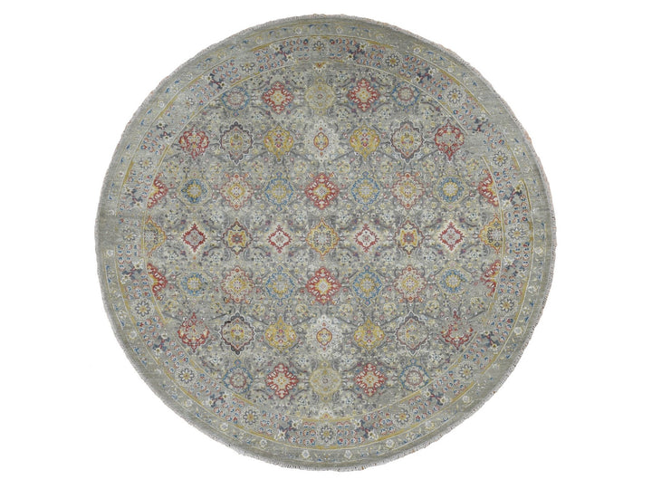 10'0" x 10'0" New Hand Knotted Grey Wool & Silk Round Oriental Rug - MOA10287750