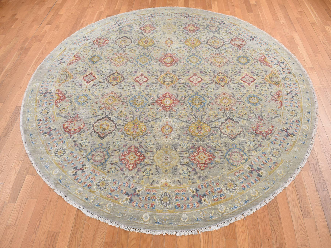10'0" x 10'0" New Hand Knotted Grey Wool & Silk Round Oriental Rug - MOA10287750